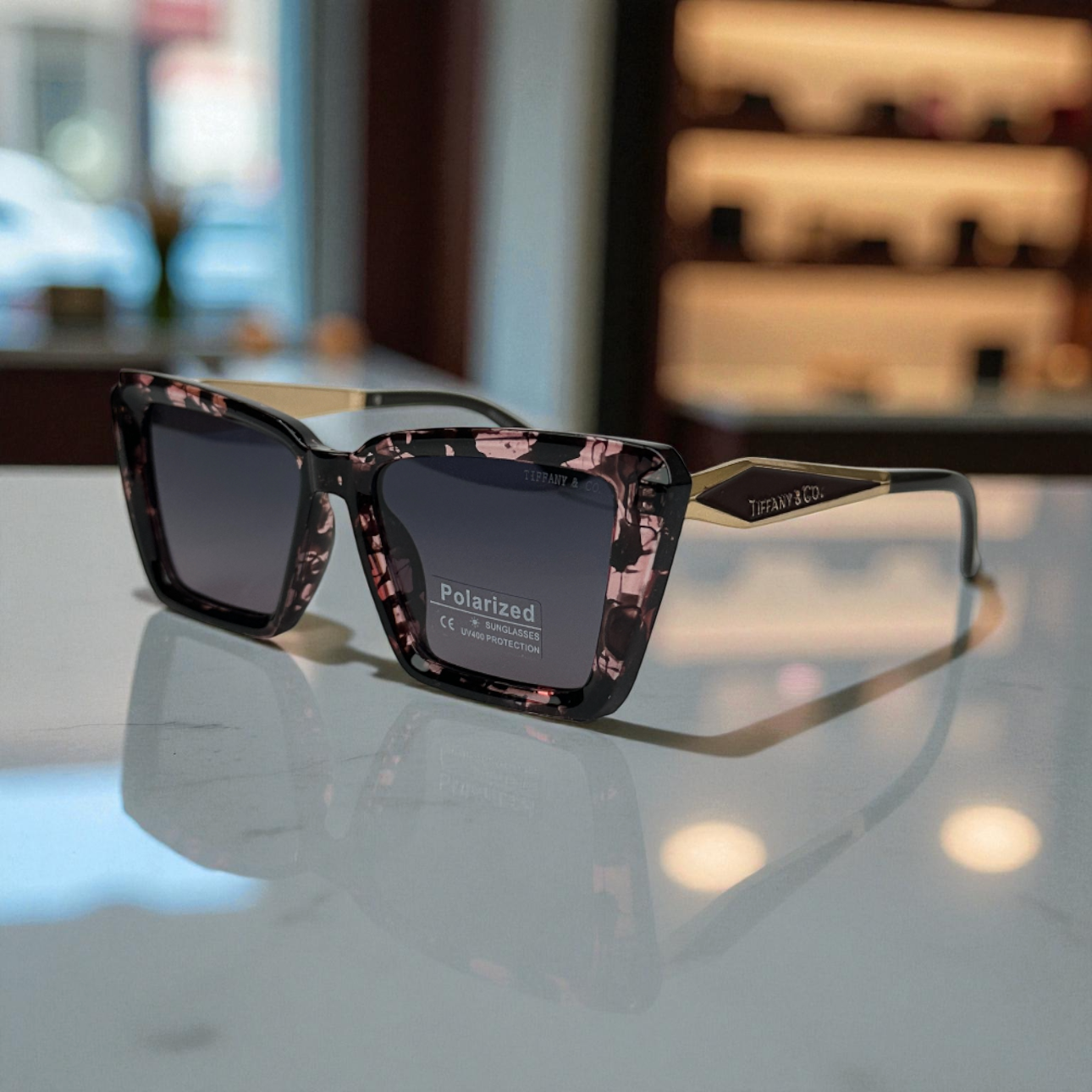 Ti.ffany & Co. Polarized Square Sunglasses – Marble Rose with Gold Detailing
