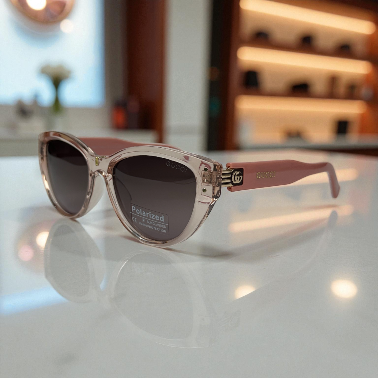 Gu.cci Polarized Cat-Eye Sunglasses – Crystal Blush with Gold GG Accents