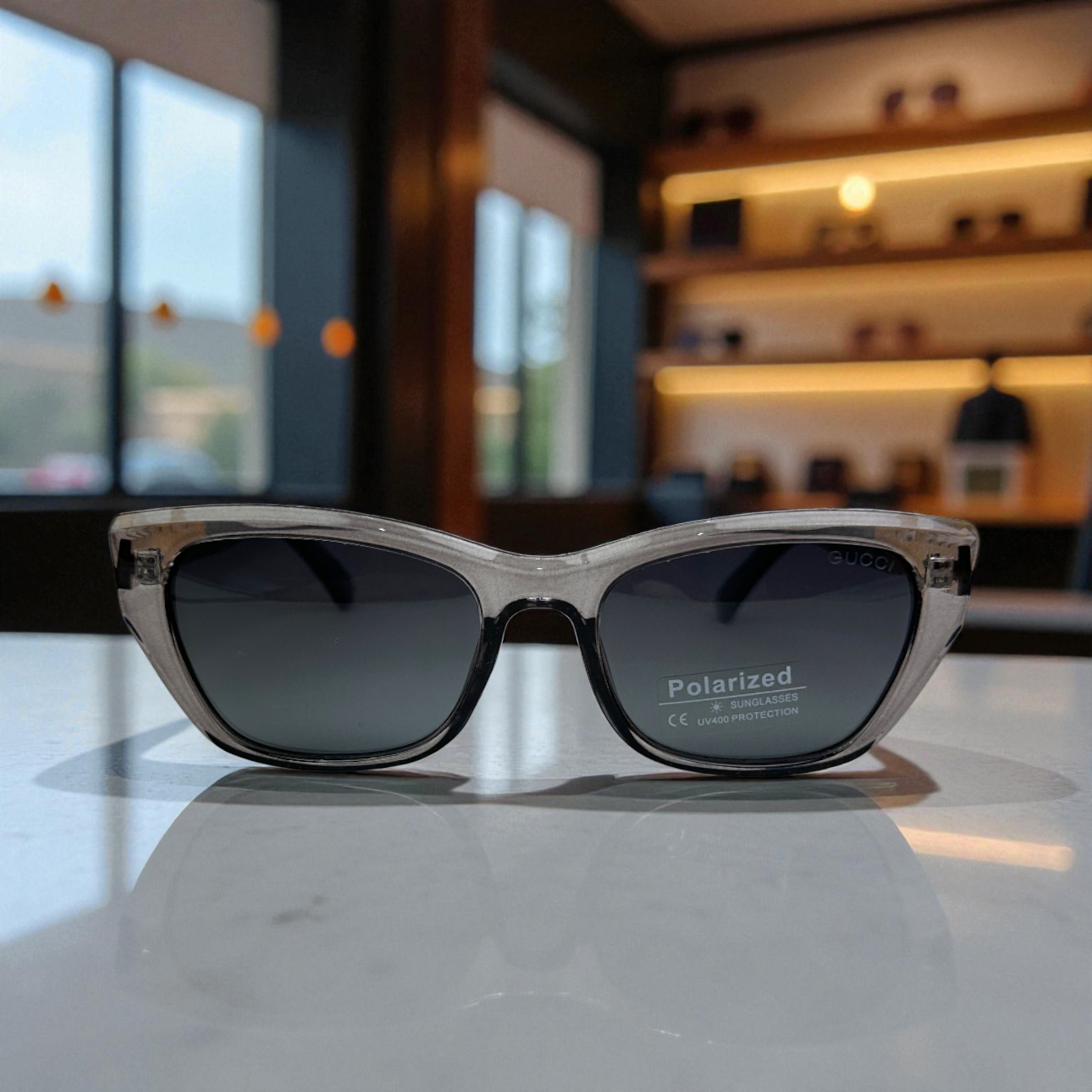 Bold Full-Grey Cat Eye Sunglasses with Gold Logo Temple Detail