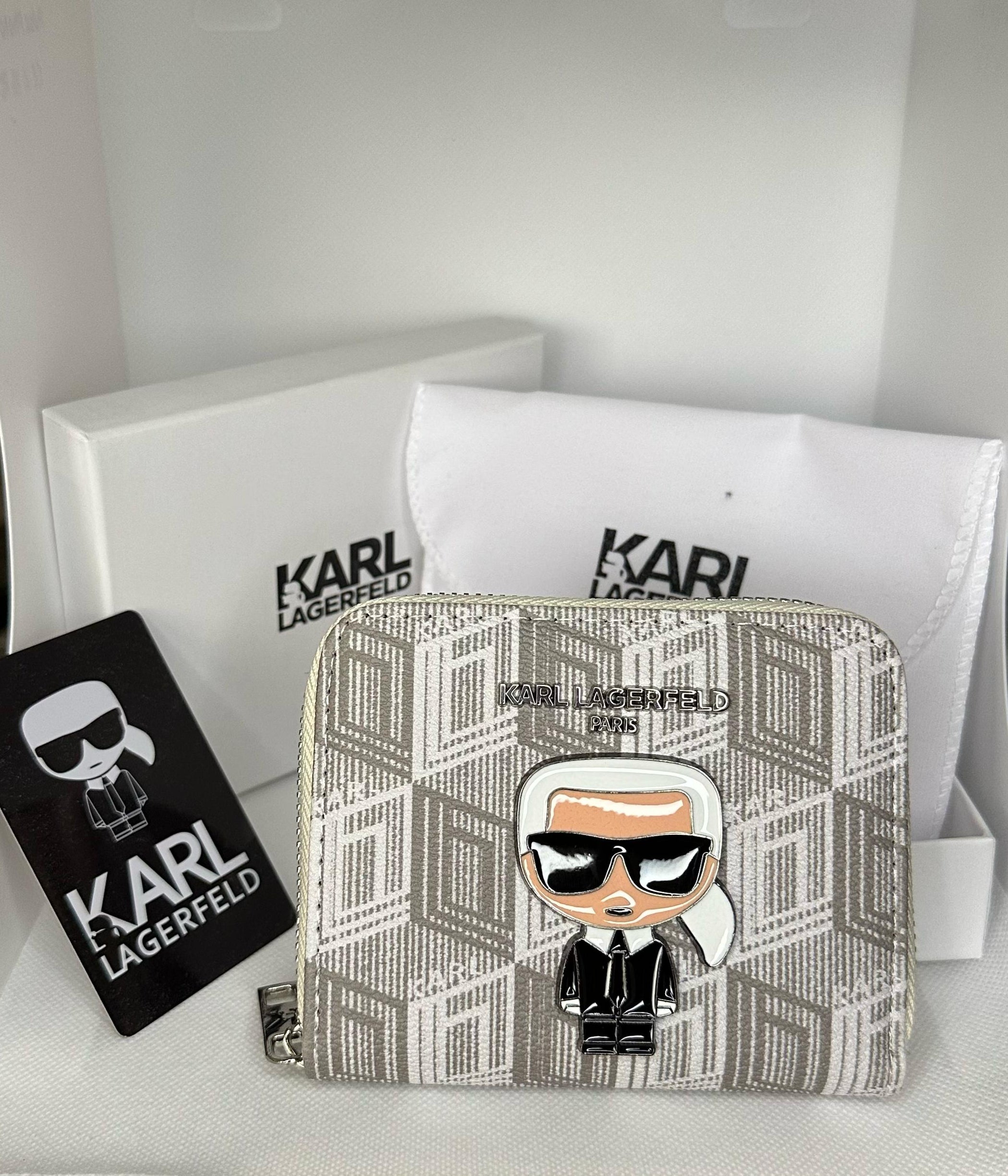 Karl Lagerfeld Paris Monogram Zip Wallet – Iconic Cartoon Edition (Beige)