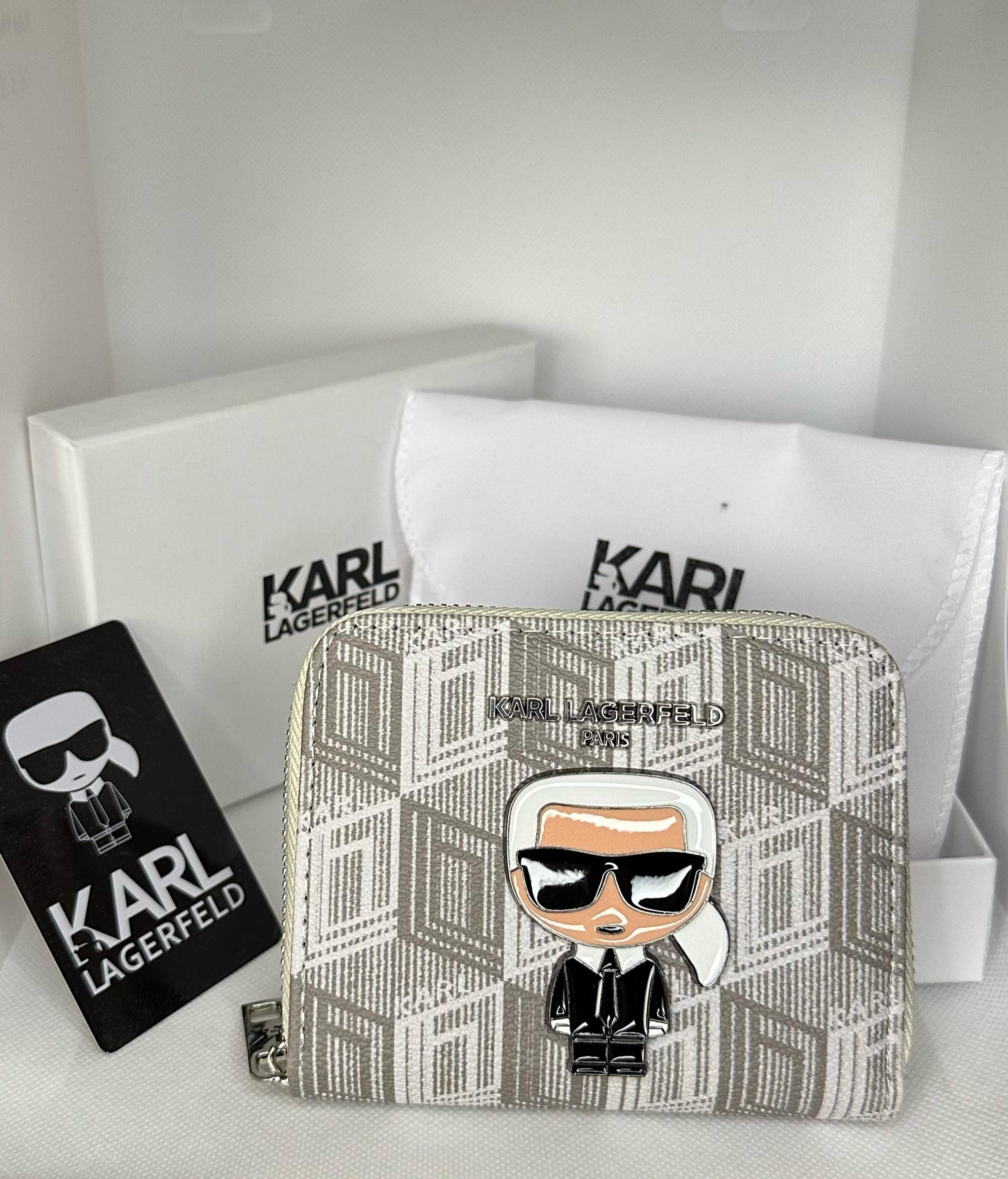 Karl Lagerfeld Paris Monogram Zip Wallet – Iconic Cartoon Edition (Beige)
