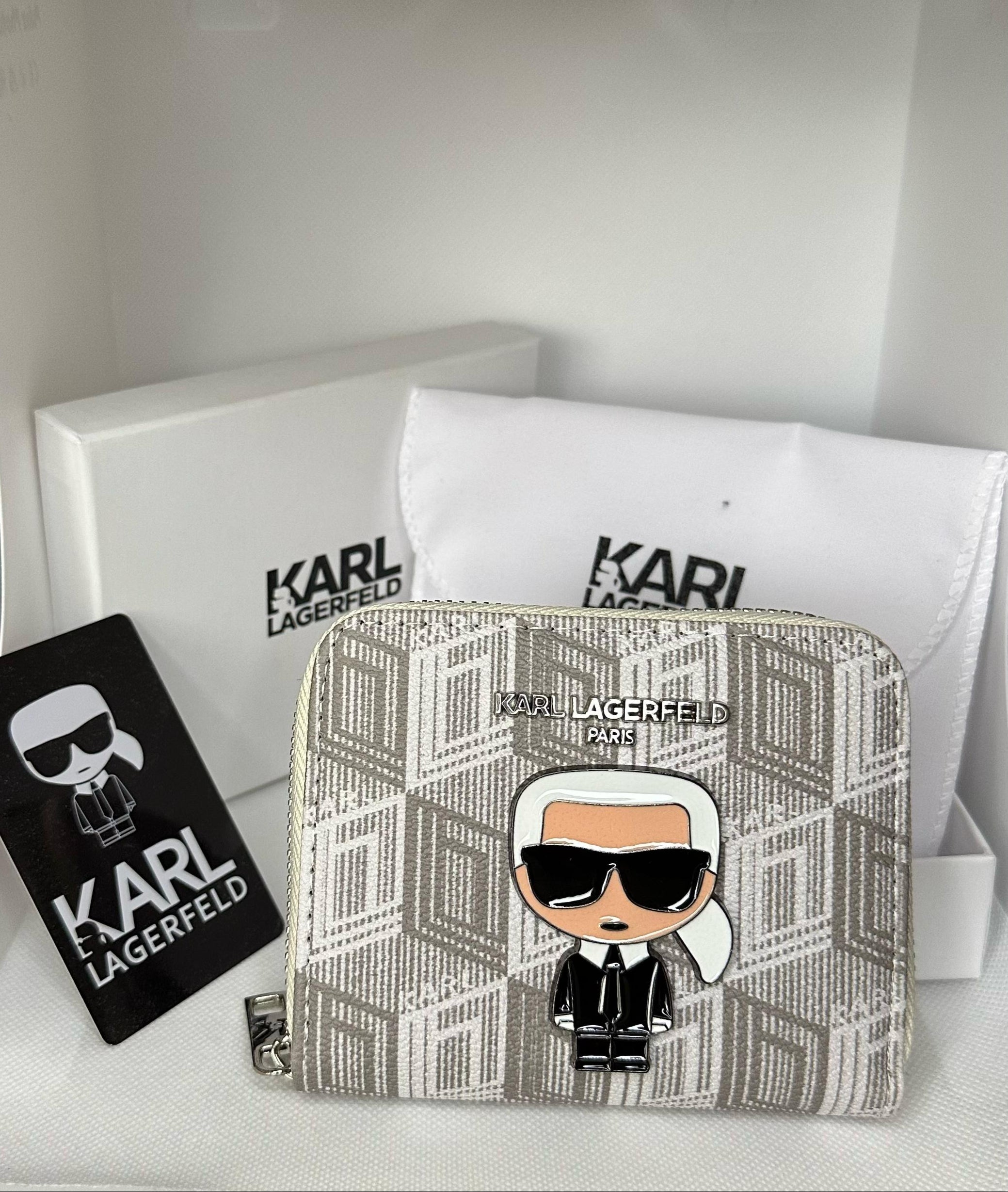 Karl Lagerfeld Paris Monogram Zip Wallet – Iconic Cartoon Edition (Beige)