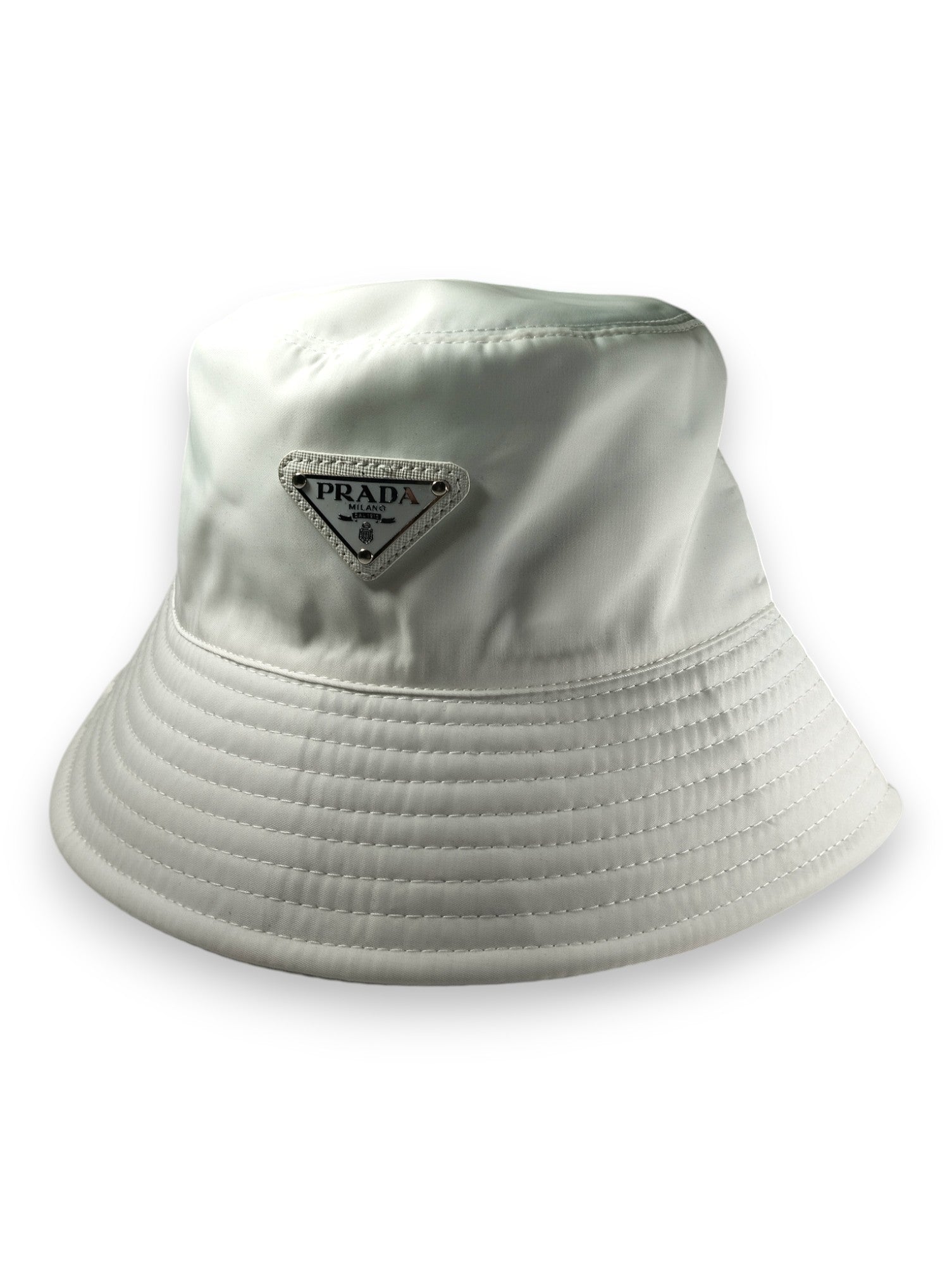Pristine Style: Prada-Inspired White Bucket Hat with Iconic Logo