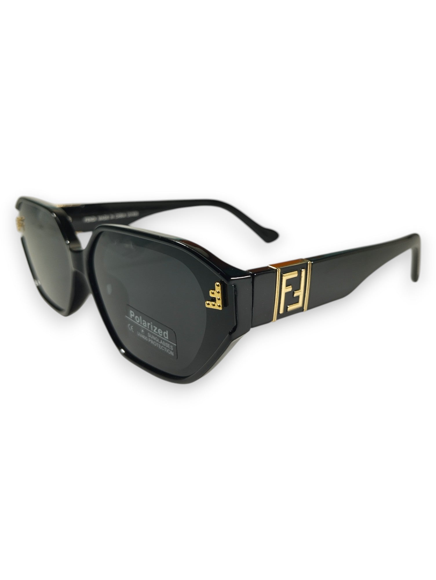 Bold & Iconic Fendi-Inspired: Black Polarized Sunglasses with Signature Logo