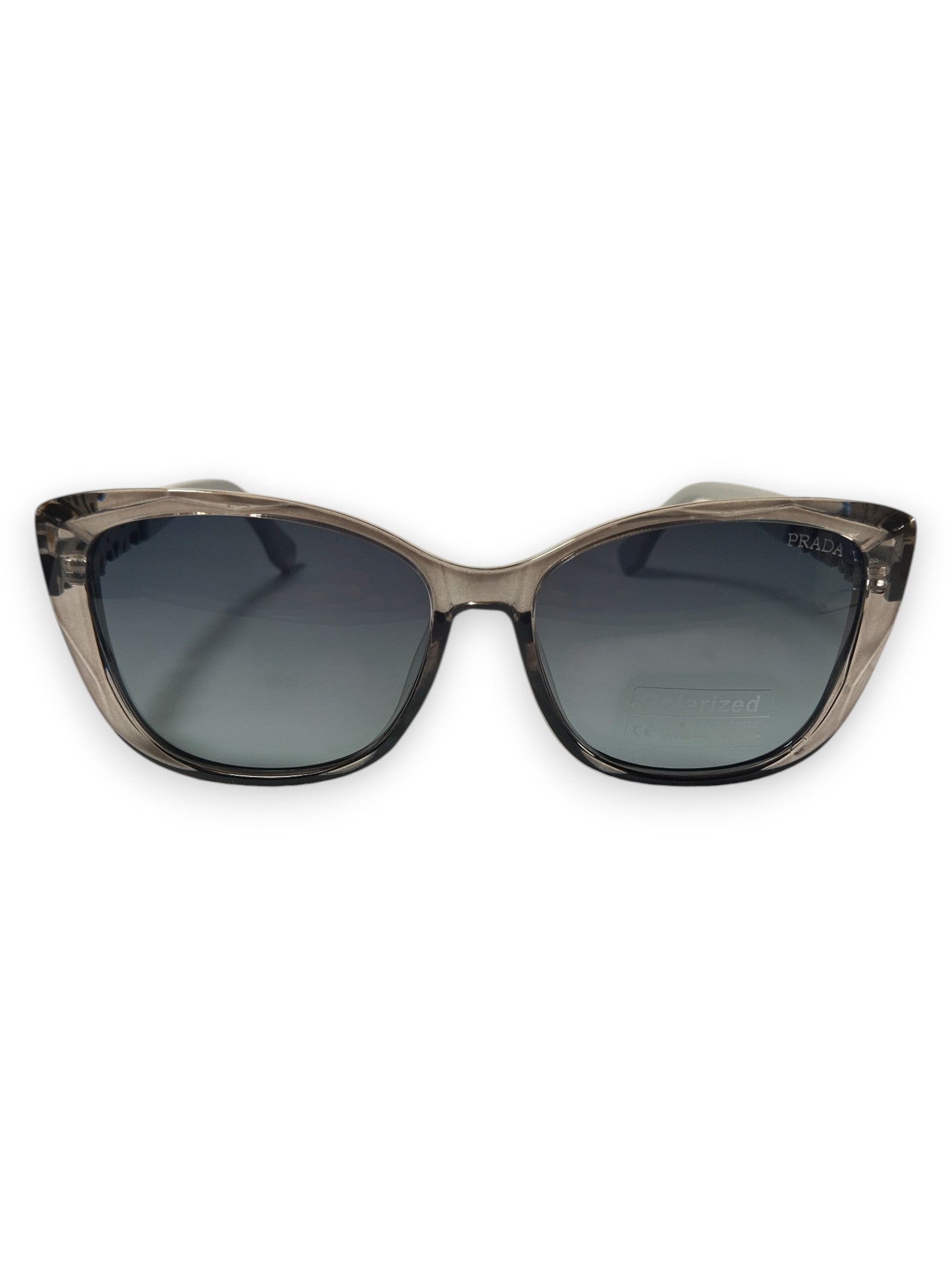 Prada Translucent Grey Cat-Eye Sunglasses with Gold Emblem