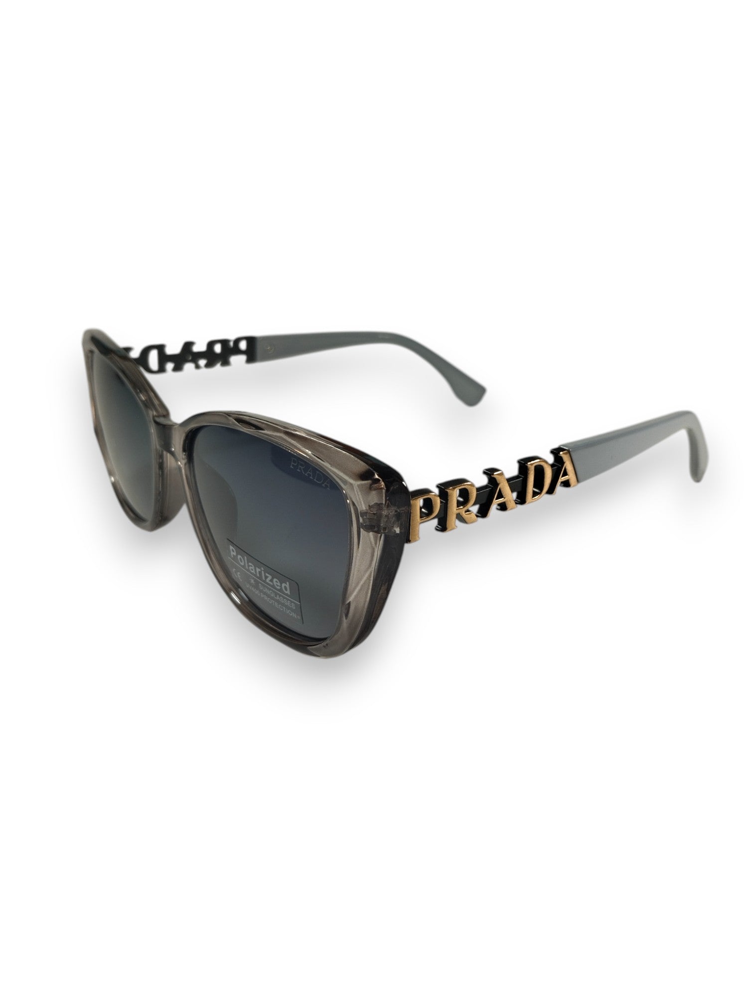 Prada Translucent Grey Cat-Eye Sunglasses with Gold Emblem