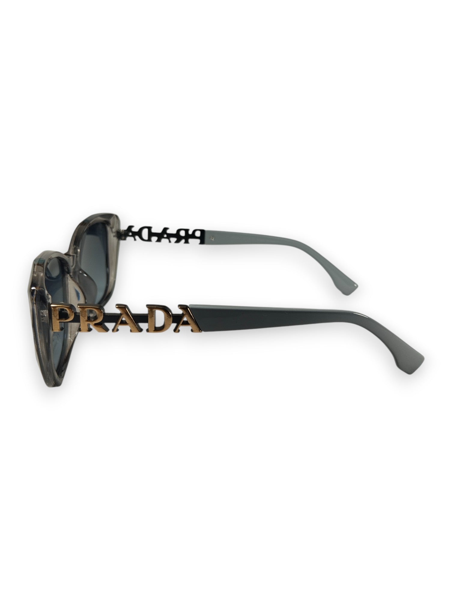 Prada Translucent Grey Cat-Eye Sunglasses with Gold Emblem