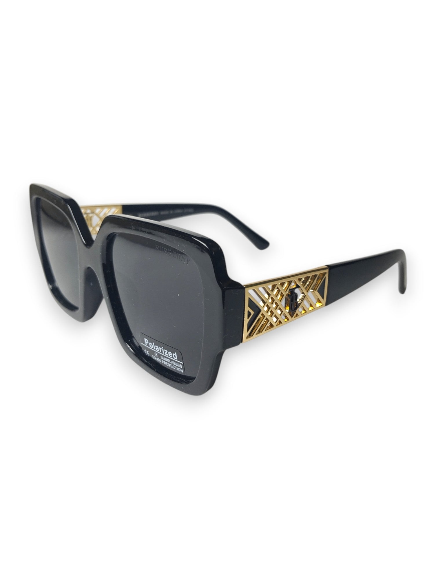 Desert Dusk: Black Burberry-Inspired Sunglasses with Golden Lattice