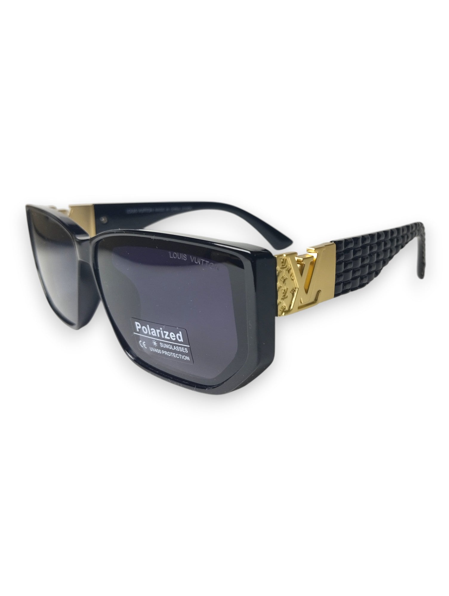 Nile Noir: Black Louis Vuitton-Inspired Sunglasses with Golden Monogram