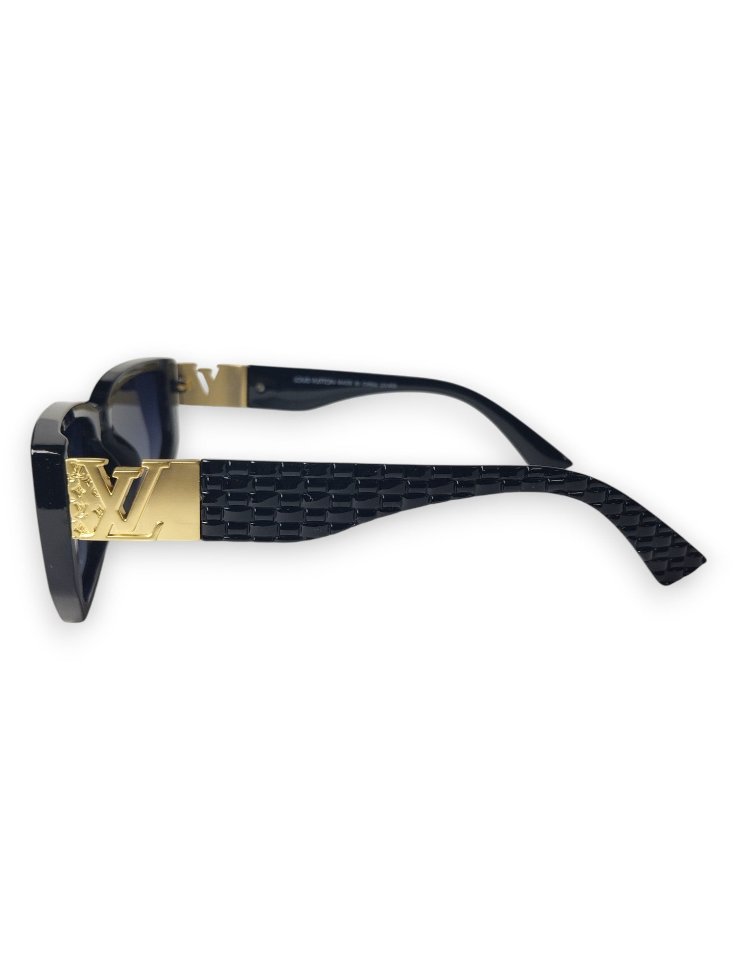 Nile Noir: Black Louis Vuitton-Inspired Sunglasses with Golden Monogram