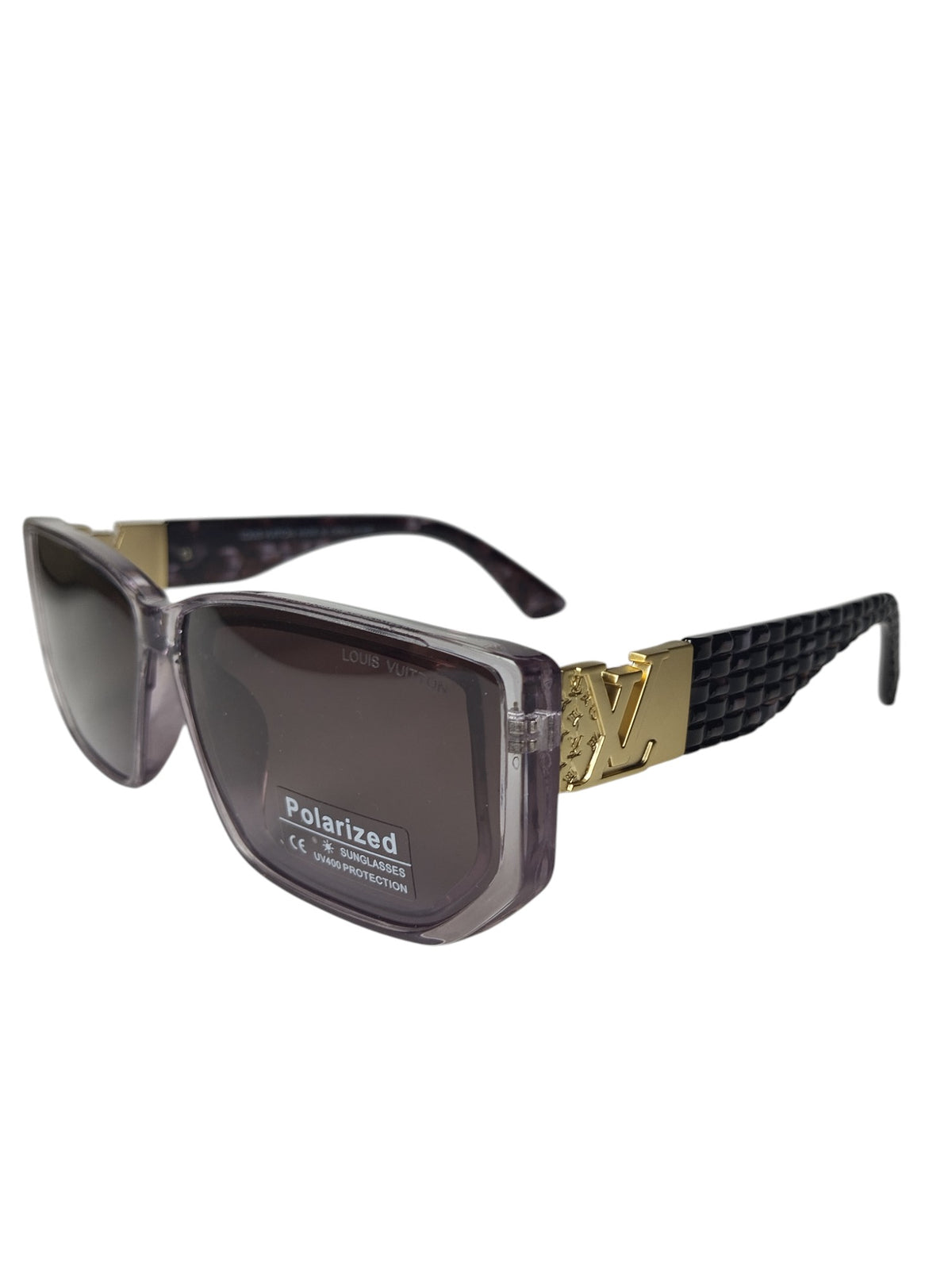 Amethyst Allure: Translucent Louis Vuitton-Inspired Sunglasses with Golden Monogram