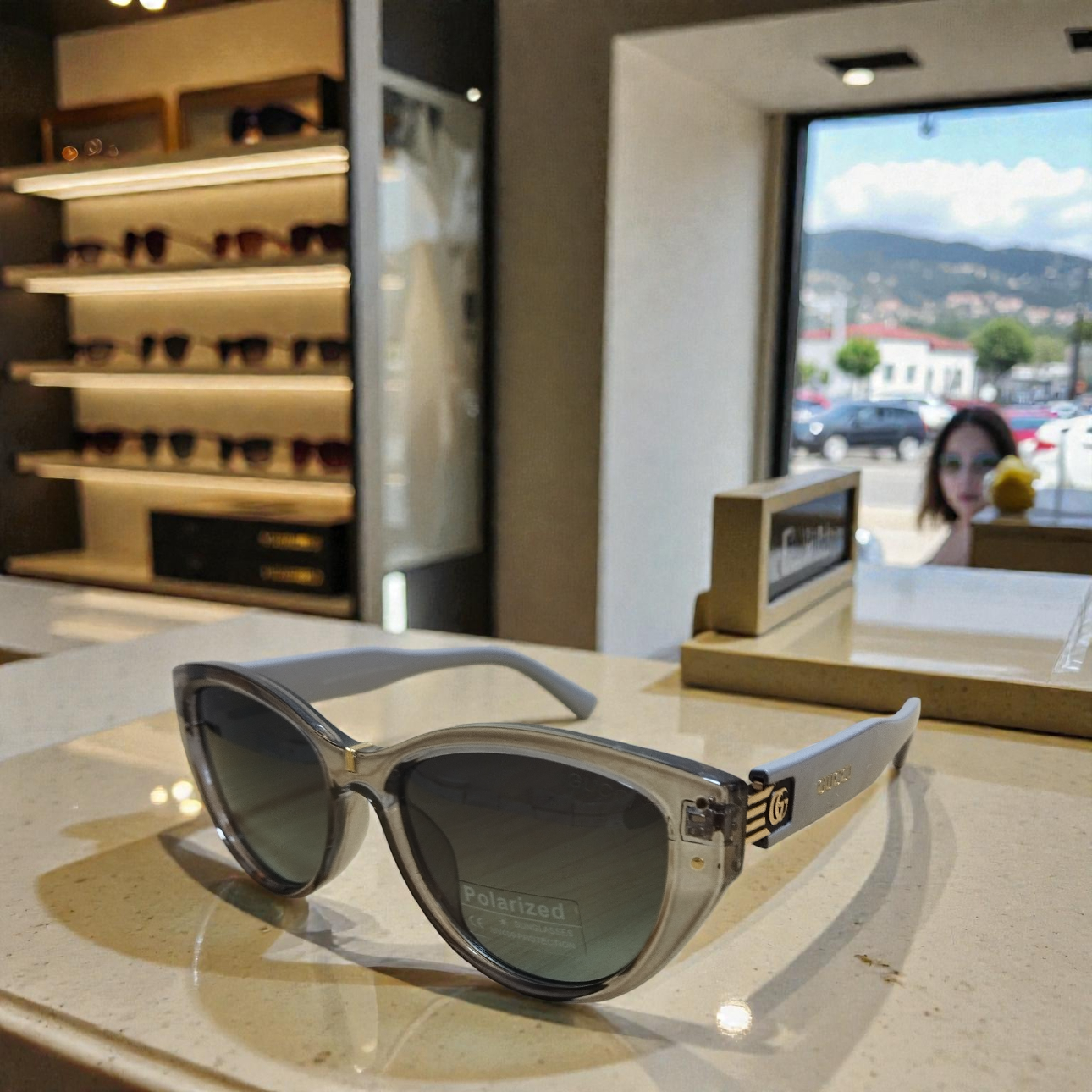 Gu.cci Polarized Cat-Eye Sunglasses – Grey with Gold GG Accents