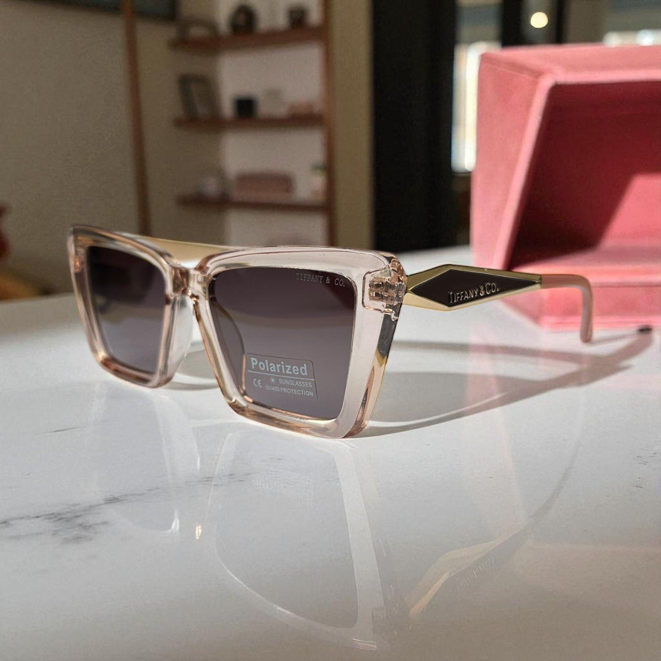 Elegant Blush Pink Cat-Eye Polarized Sunglasses with Gold Temple Detail