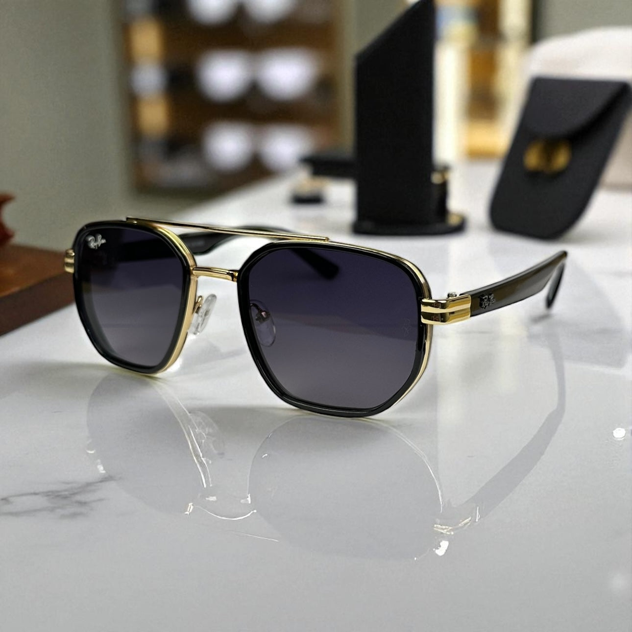 Ray-Ban Geometric Double-Bridge Sunglasses - Black and Gold Metal Frame