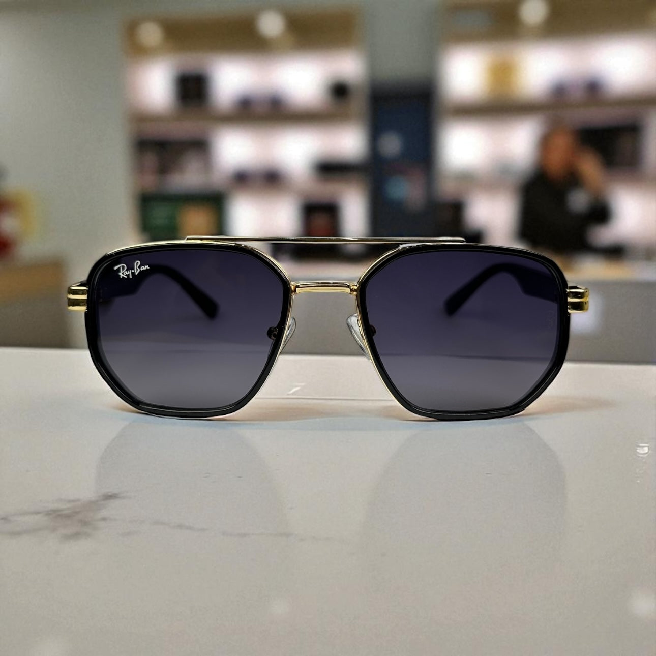 Ray-Ban Geometric Double-Bridge Sunglasses - Black and Gold Metal Frame