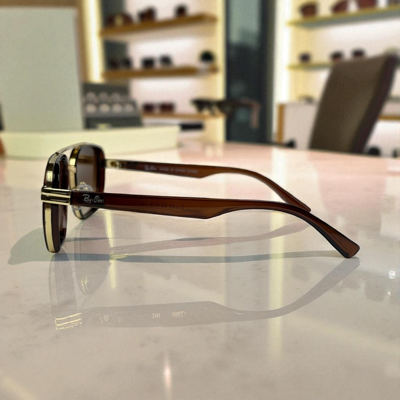 Ray-Ban Geometric Double-Bridge Sunglasses - Brown Frame with Gold Accents