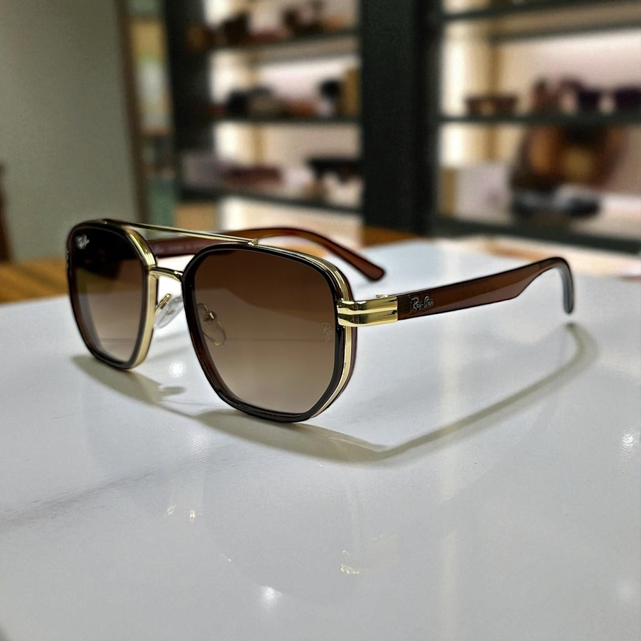 Ray-Ban Geometric Double-Bridge Sunglasses - Brown Frame with Gold Accents