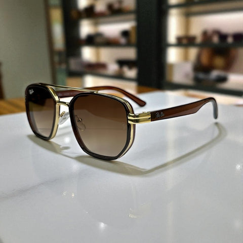 Ray-Ban Geometric Double-Bridge Sunglasses - Brown Frame with Gold Accents