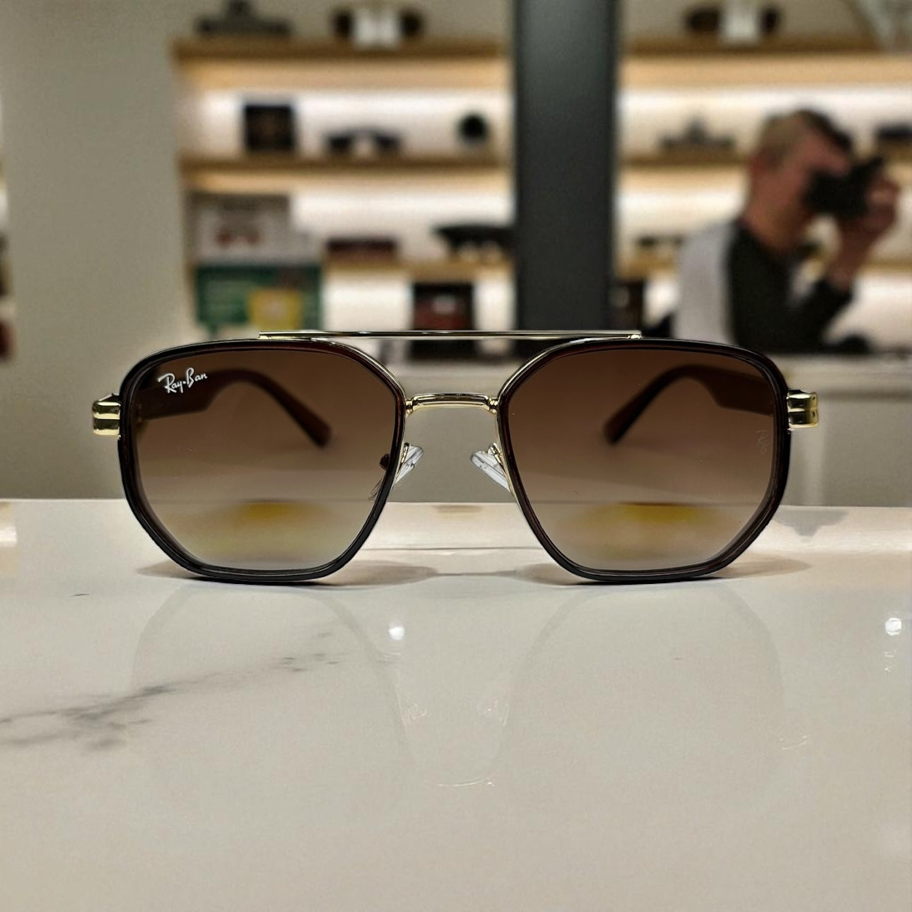 Ray-Ban Geometric Double-Bridge Sunglasses - Brown Frame with Gold Accents