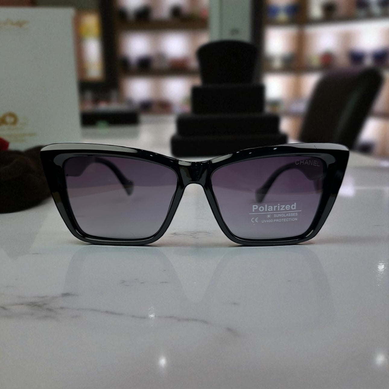 Classic Black Cat-Eye Polarized Sunglasses with Signature Temple Accent