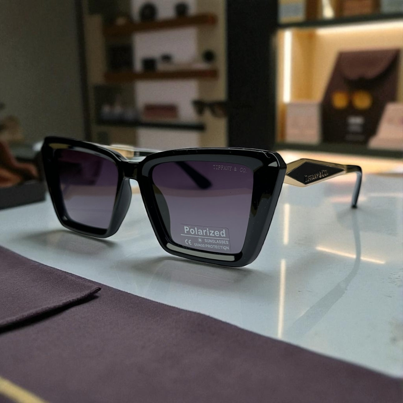 Bold Black Angular Polarized Sunglasses with Statement Gold Temple