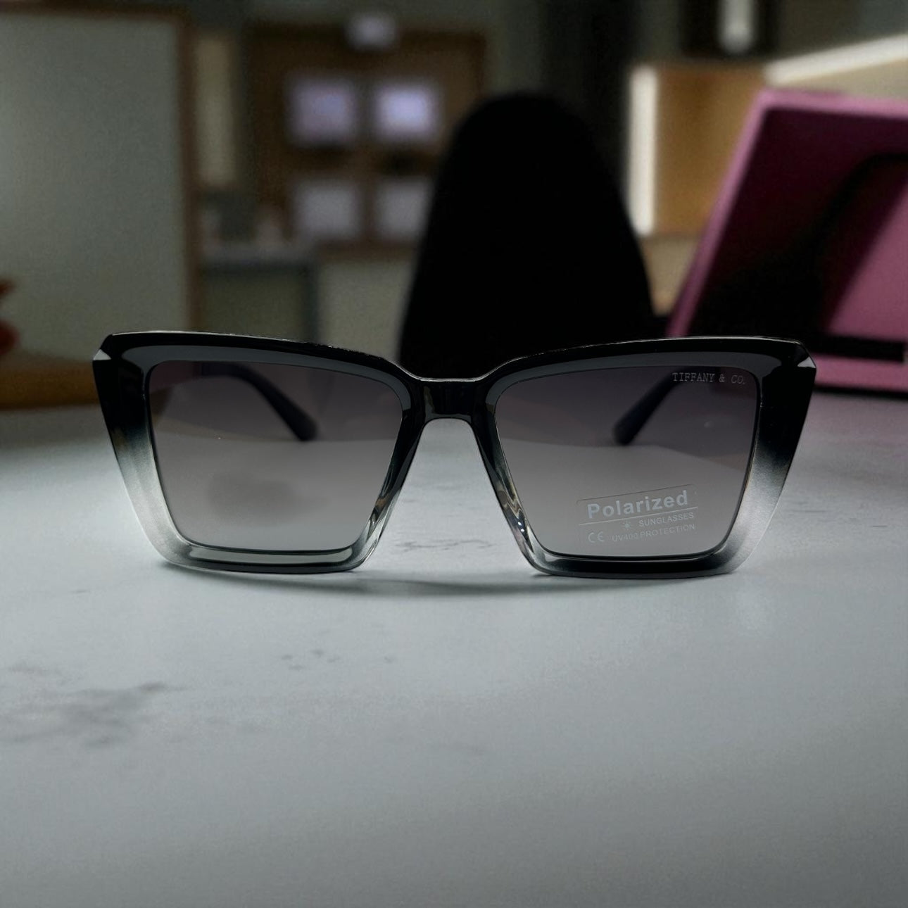 Tiff.any & Co. Square Polarized Sunglasses – Black Gold Accent Frame UV400 Luxury Shades