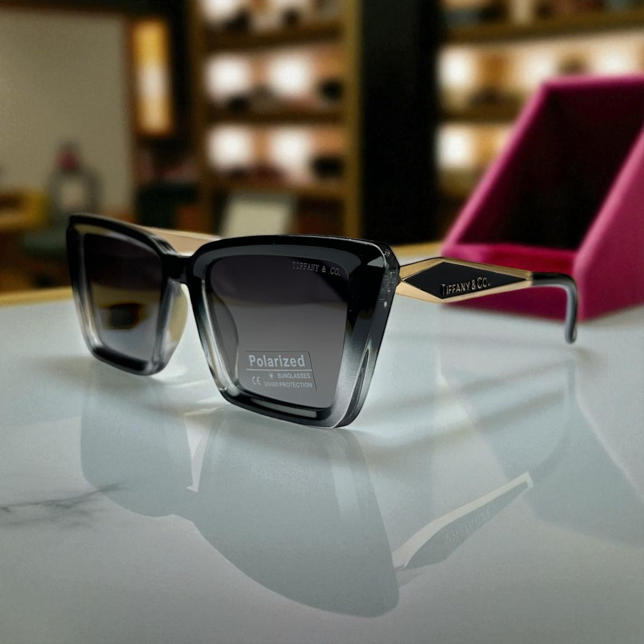 Tiff.any & Co. Square Polarized Sunglasses – Black Gold Accent Frame UV400 Luxury Shades