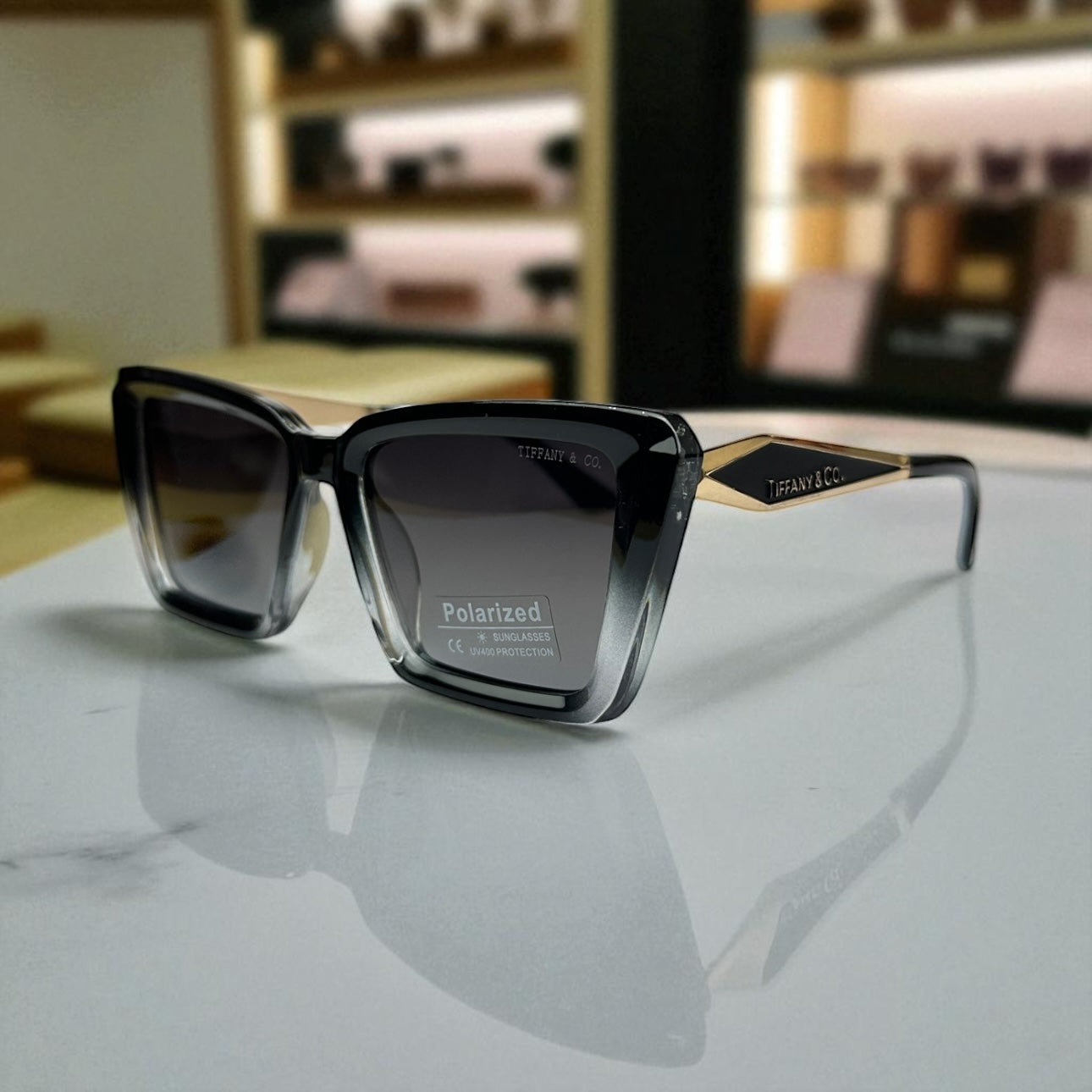 Tiff.any & Co. Square Polarized Sunglasses – Black Gold Accent Frame UV400 Luxury Shades