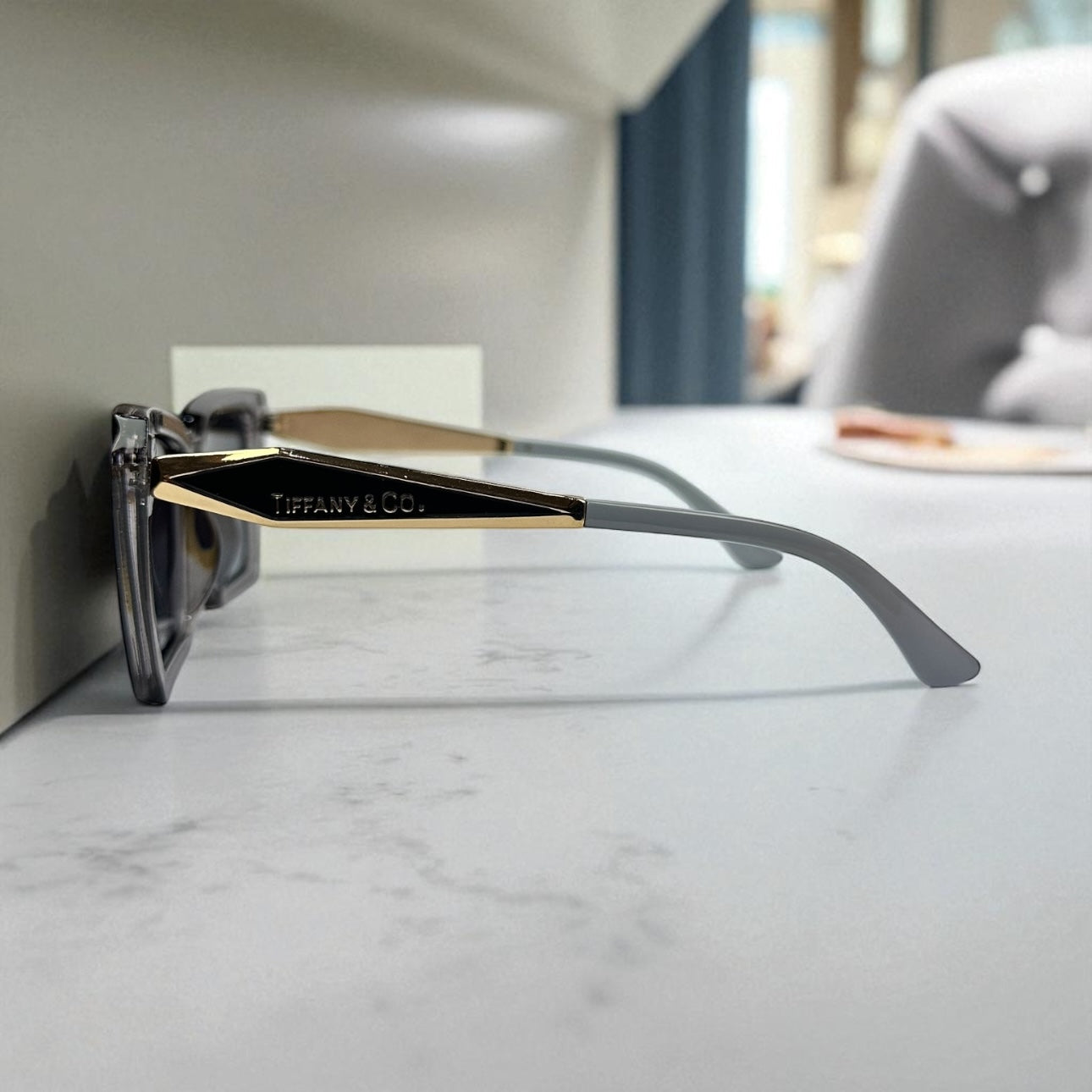 Tiff.any & Co. Square Polarized Sunglasses – Grey Crystal Frame with Gold Accents UV400