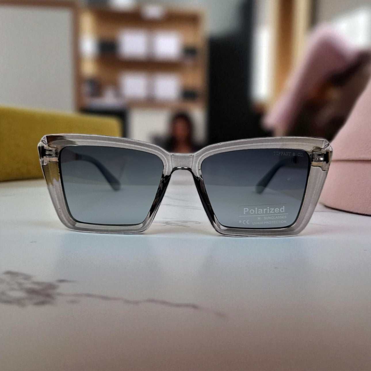 Tiff.any & Co. Square Polarized Sunglasses – Grey Crystal Frame with Gold Accents UV400