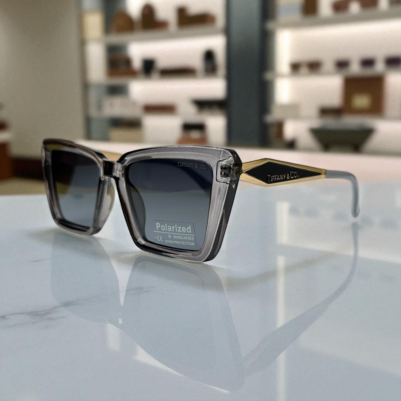 Tiff.any & Co. Square Polarized Sunglasses – Grey Crystal Frame with Gold Accents UV400