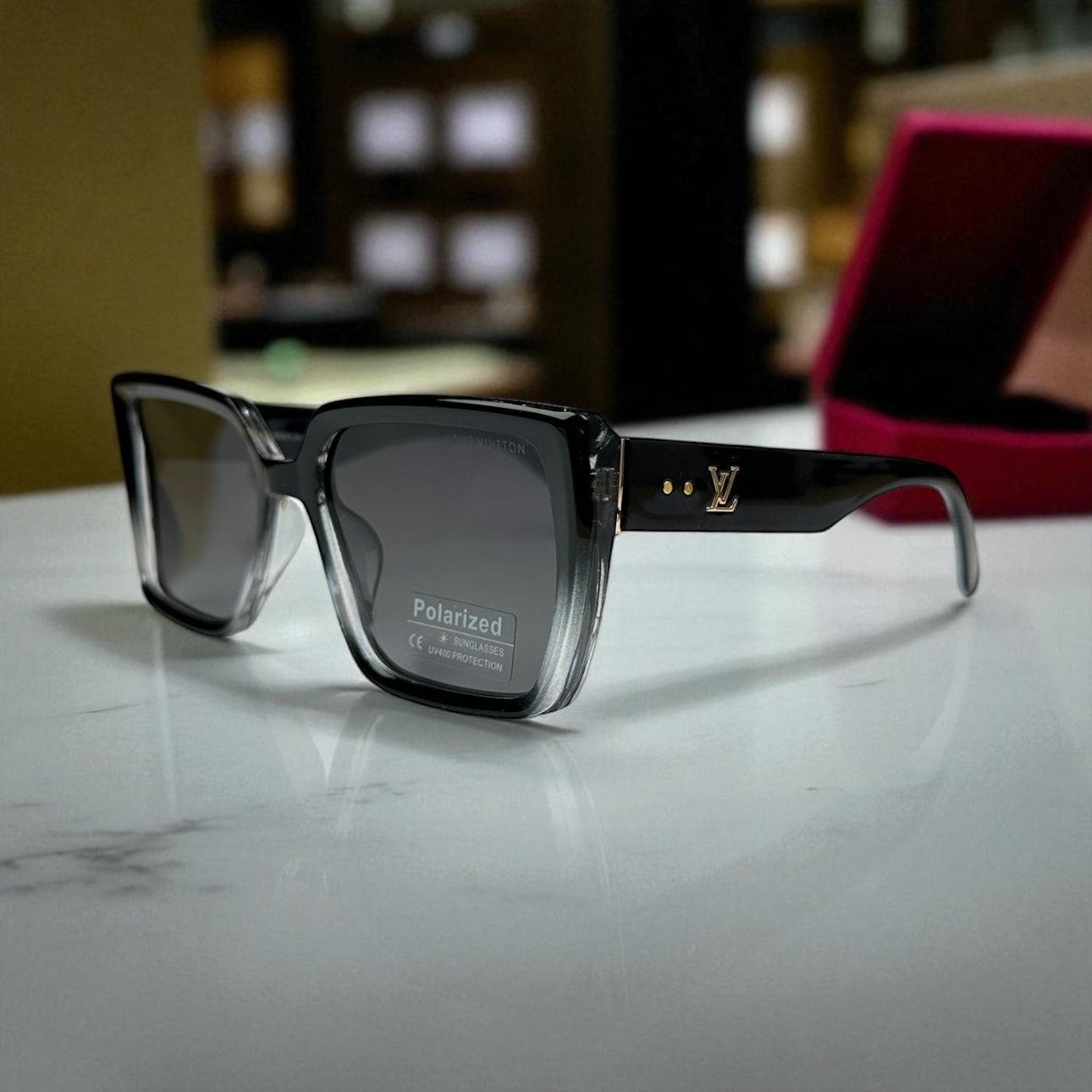 Lo.uis Vuitton Square Polarized Sunglasses – Black Ombre Frame with Gold LV Detail UV400