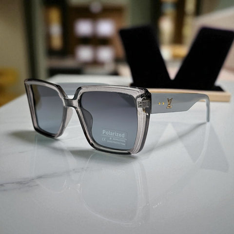 Lo.uis Vuitton Square Polarized Sunglasses – Grey Crystal Frame with Gold LV Detail UV400