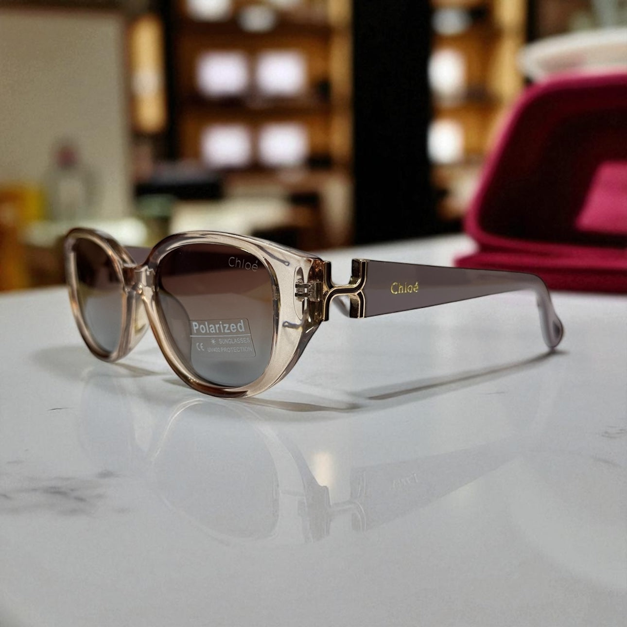 Chloé Round Polarized Sunglasses – Nude Gradient Frame with Gold Detail UV400 Luxury