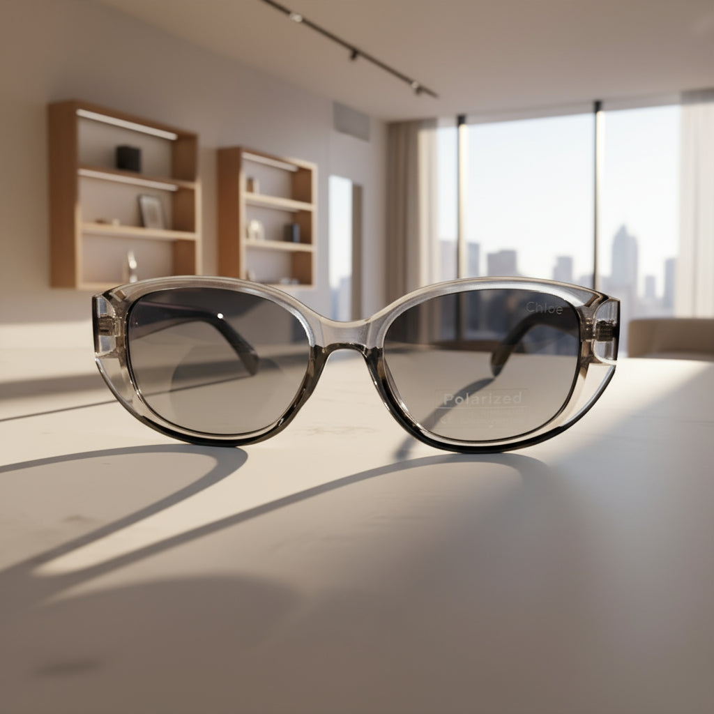 Chloé Oval Polarized Sunglasses – Grey Crystal Frame with Gold Accent UV400 Luxury