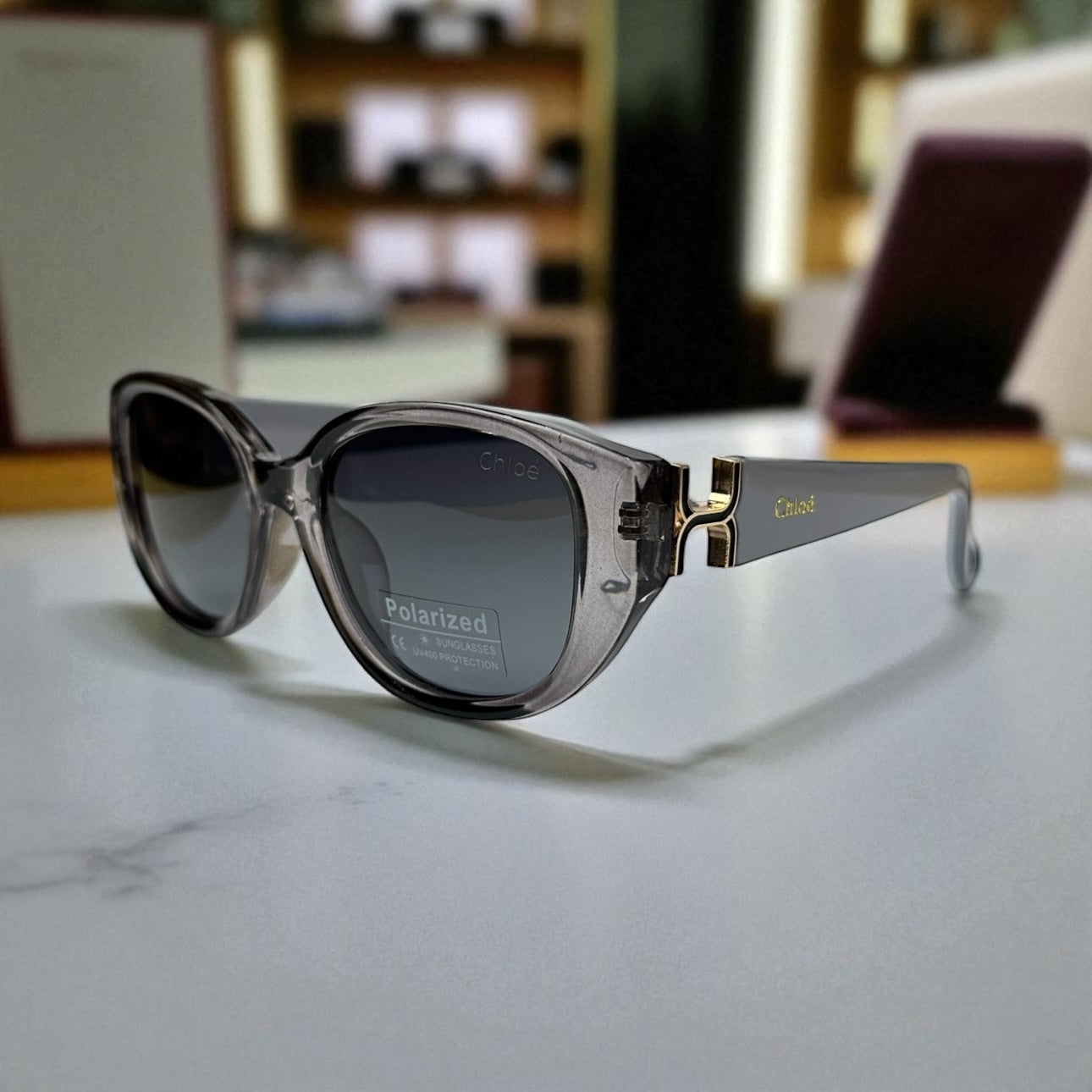 Chloé Oval Polarized Sunglasses – Grey Crystal Frame with Gold Accent UV400 Luxury