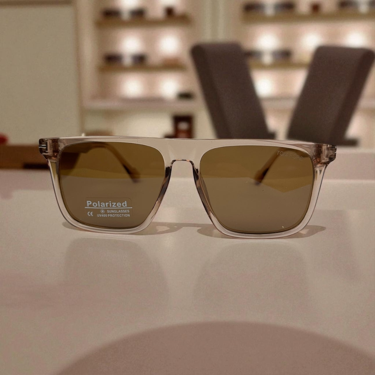 Tom Ford Square Polarized Sunglasses – Transparent Nude Frame with Brown Lenses UV400