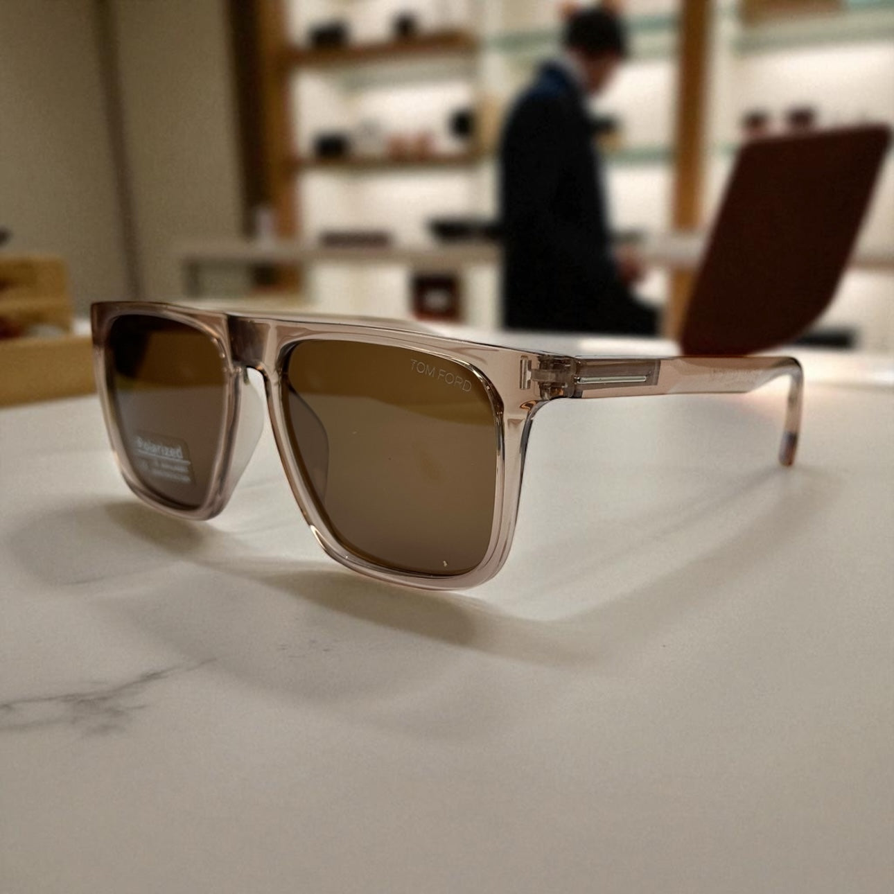 Tom Ford Square Polarized Sunglasses – Transparent Nude Frame with Brown Lenses UV400