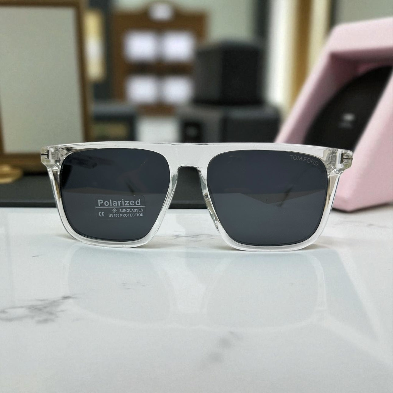 Tom Ford Square Polarized Sunglasses – Clear Crystal Frame with Black Lenses UV400