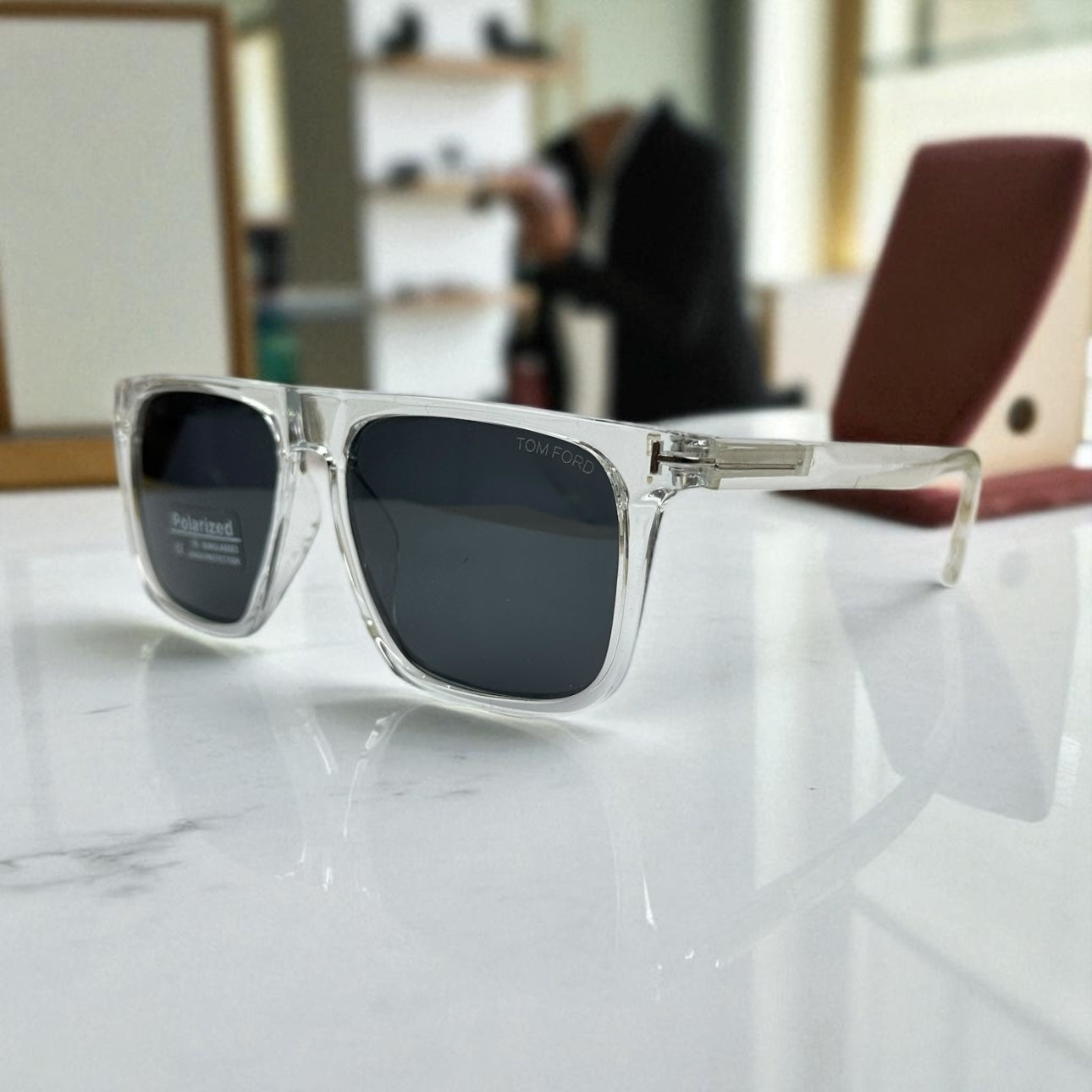 Tom Ford Square Polarized Sunglasses – Clear Crystal Frame with Black Lenses UV400