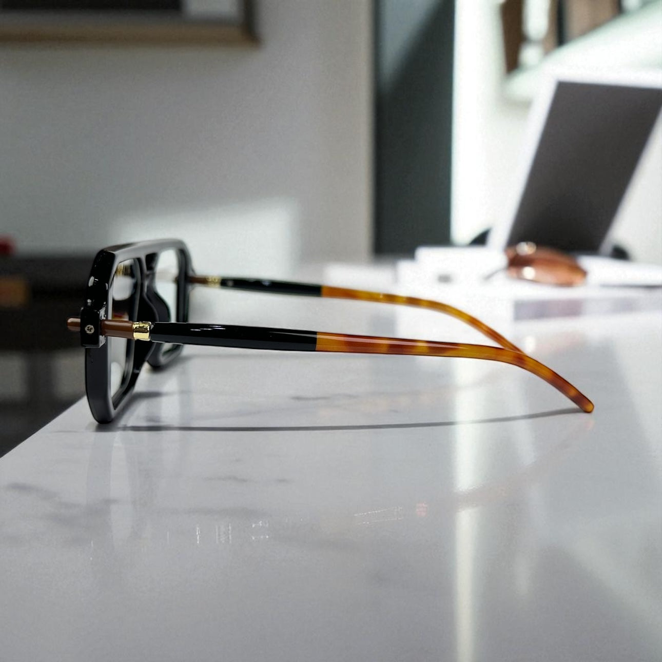 Geometric Black & Tortoise Eyeglasses – Bold Acetate Frame with Gold Accent Arms