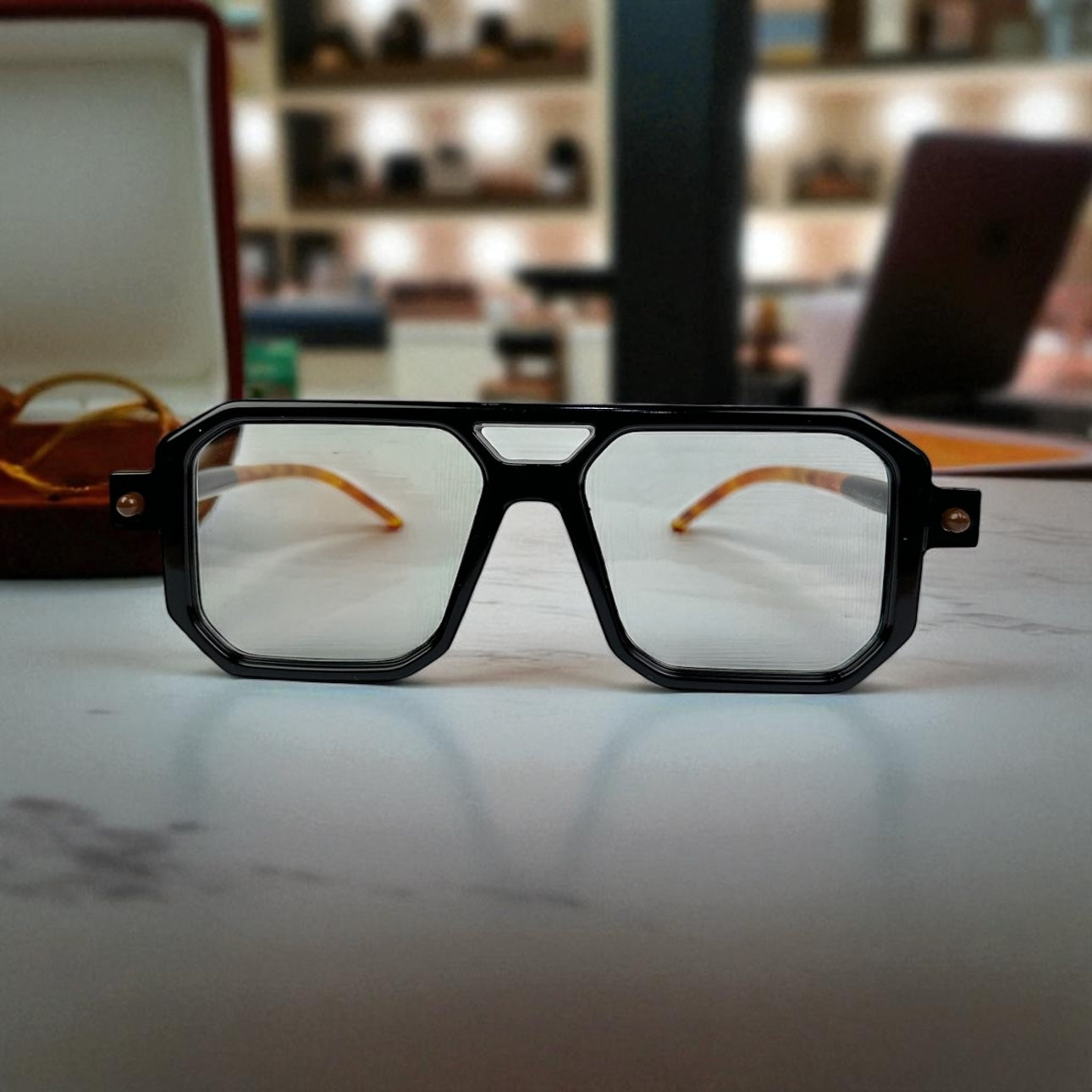 Geometric Black & Tortoise Eyeglasses – Bold Acetate Frame with Gold Accent Arms