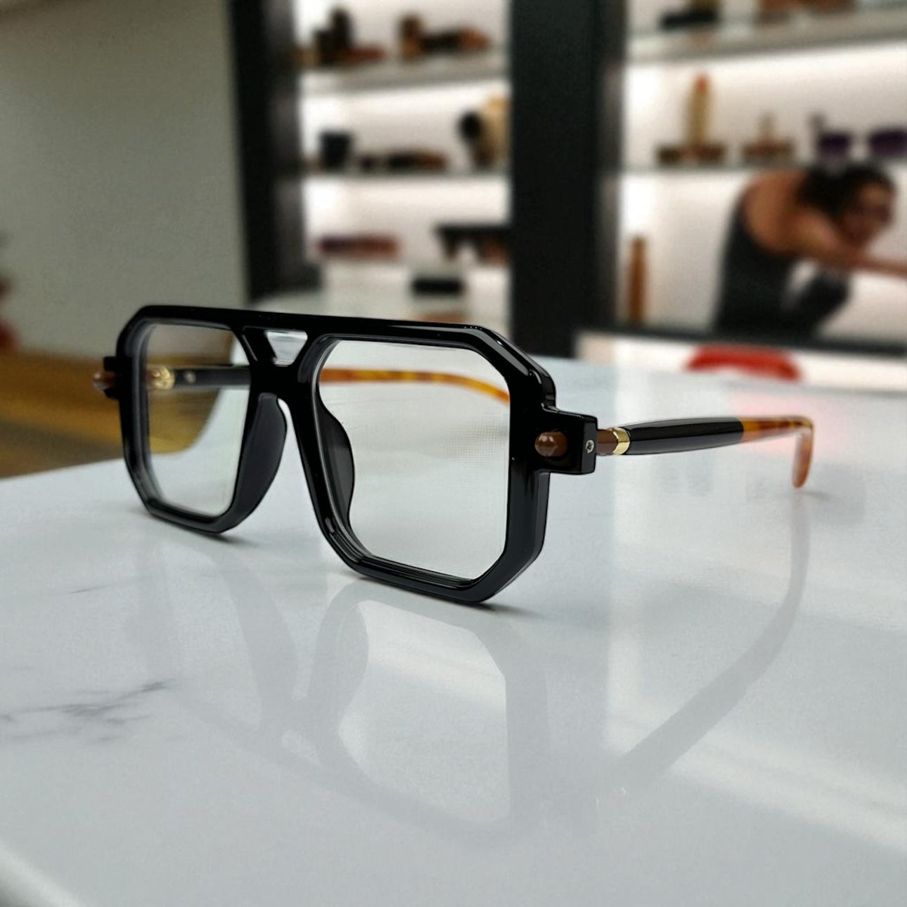 Geometric Black & Tortoise Eyeglasses – Bold Acetate Frame with Gold Accent Arms