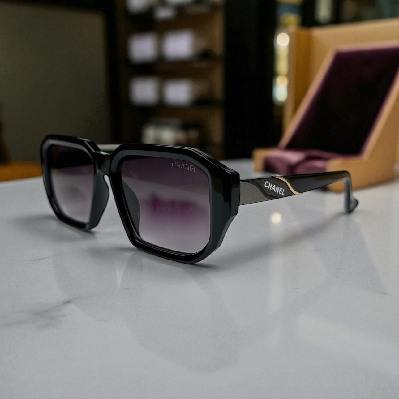 Chanel Geometric Polarized Sunglasses – Black Frame with Gradient Violet Lenses UV400