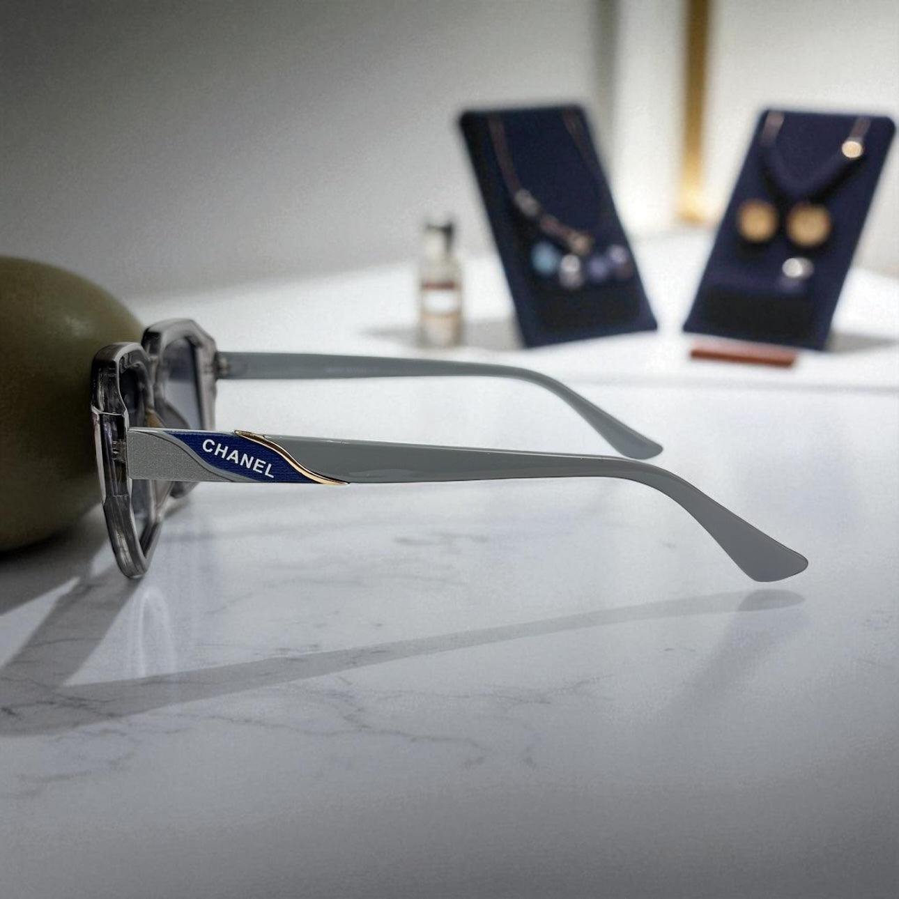 Chanel Square Polarized Sunglasses – Grey Crystal Frame with Navy & Gold Accents UV400