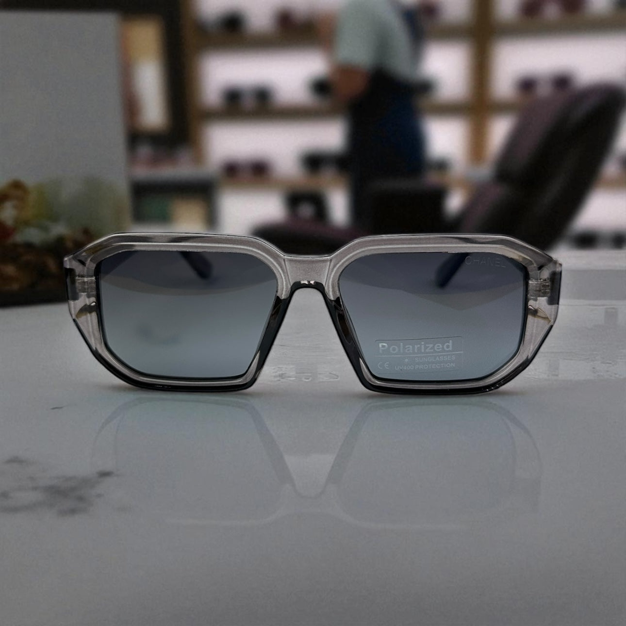 Chanel Square Polarized Sunglasses – Grey Crystal Frame with Navy & Gold Accents UV400