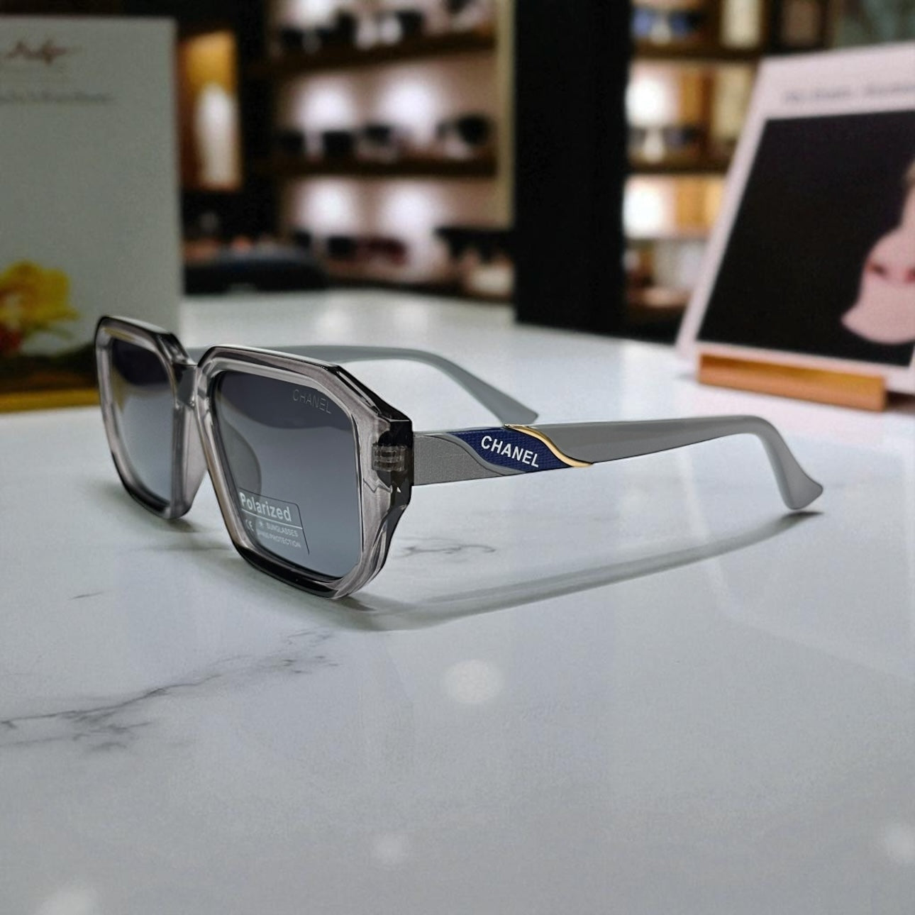 Chanel Square Polarized Sunglasses – Grey Crystal Frame with Navy & Gold Accents UV400