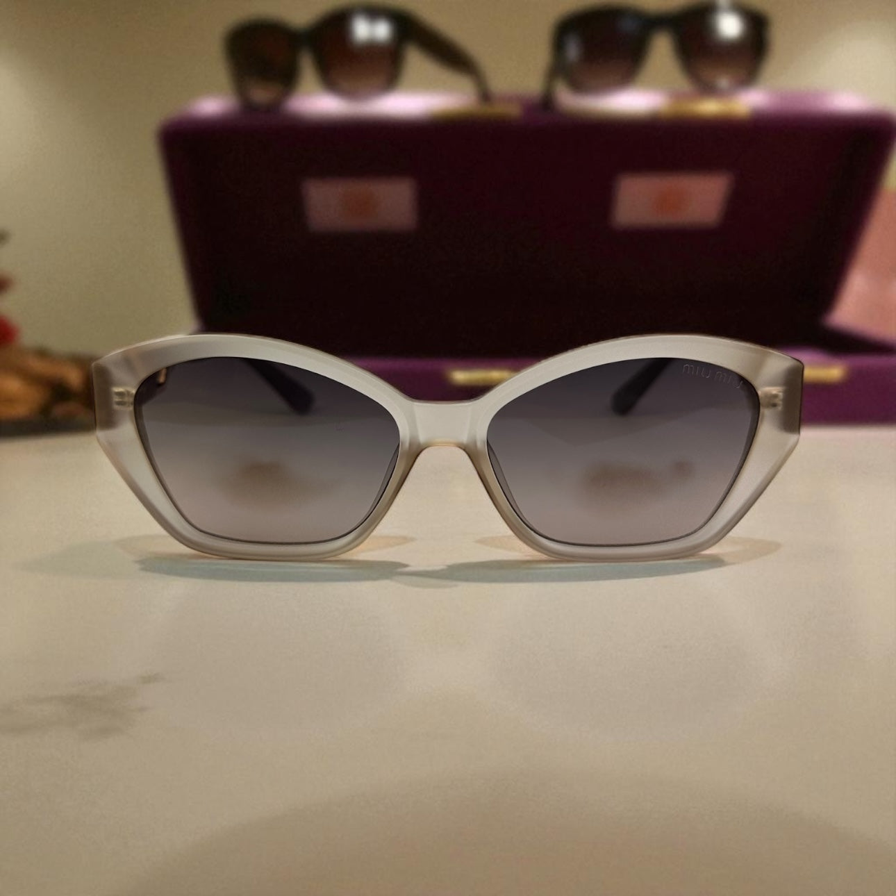 Miu Miu Butterfly Sunglasses – Ivory Gray Frame with Gold Metal Detailing UV400