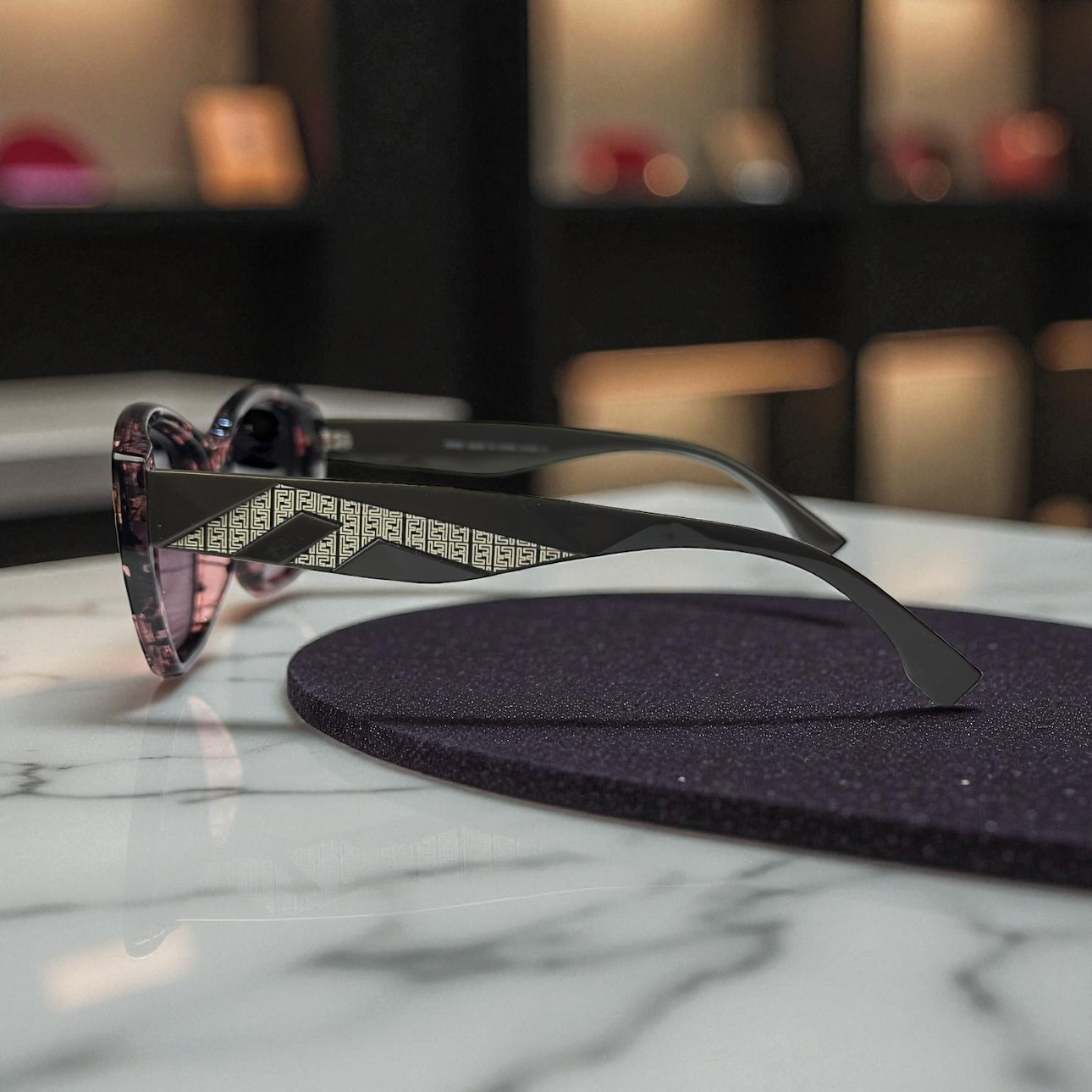 Fendi Polarized Sunglasses – Pink Marble Frame with Iconic Geometric Gold Temples UV400