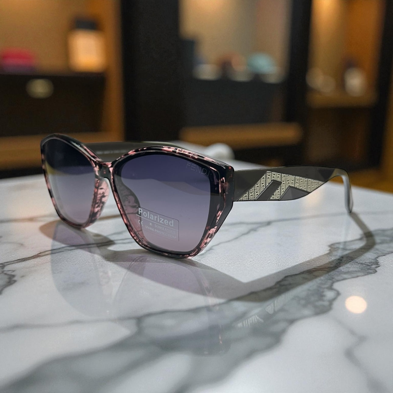 Fendi Polarized Sunglasses – Pink Marble Frame with Iconic Geometric Gold Temples UV400